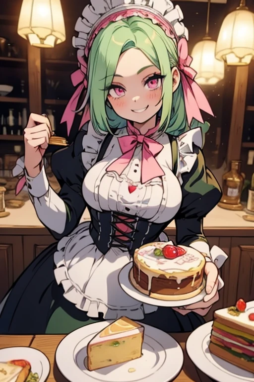 Perfect face. Perfect hands. A light green haired woman with pink eyes with an hourglass figure in a ta maid dress is smiling while serving a slice of cake in a fancy maid cafe