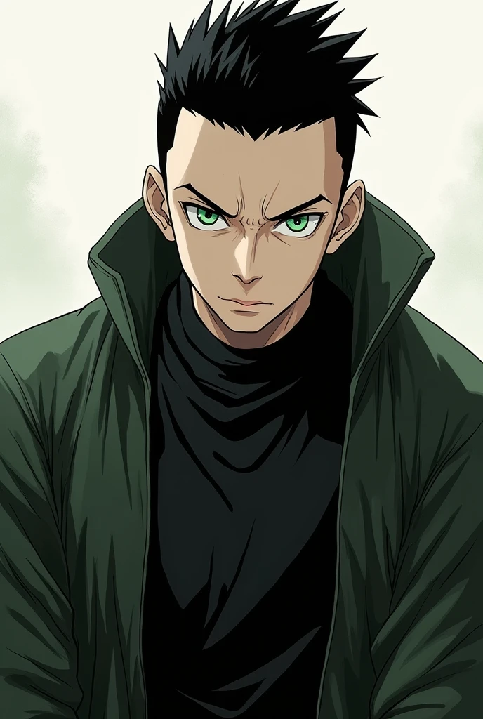 jujutsu kaisen, male, buzz cut (black hair)
, green eyes, all black outfit, 

