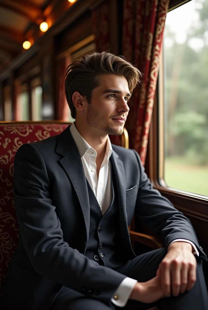 Young handsome and cute white-faced man, handsome 27 year old man riding on a vintage train