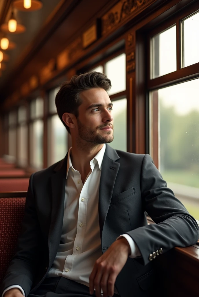 Young handsome and cute white-faced man, handsome 27 year old man riding on a vintage train