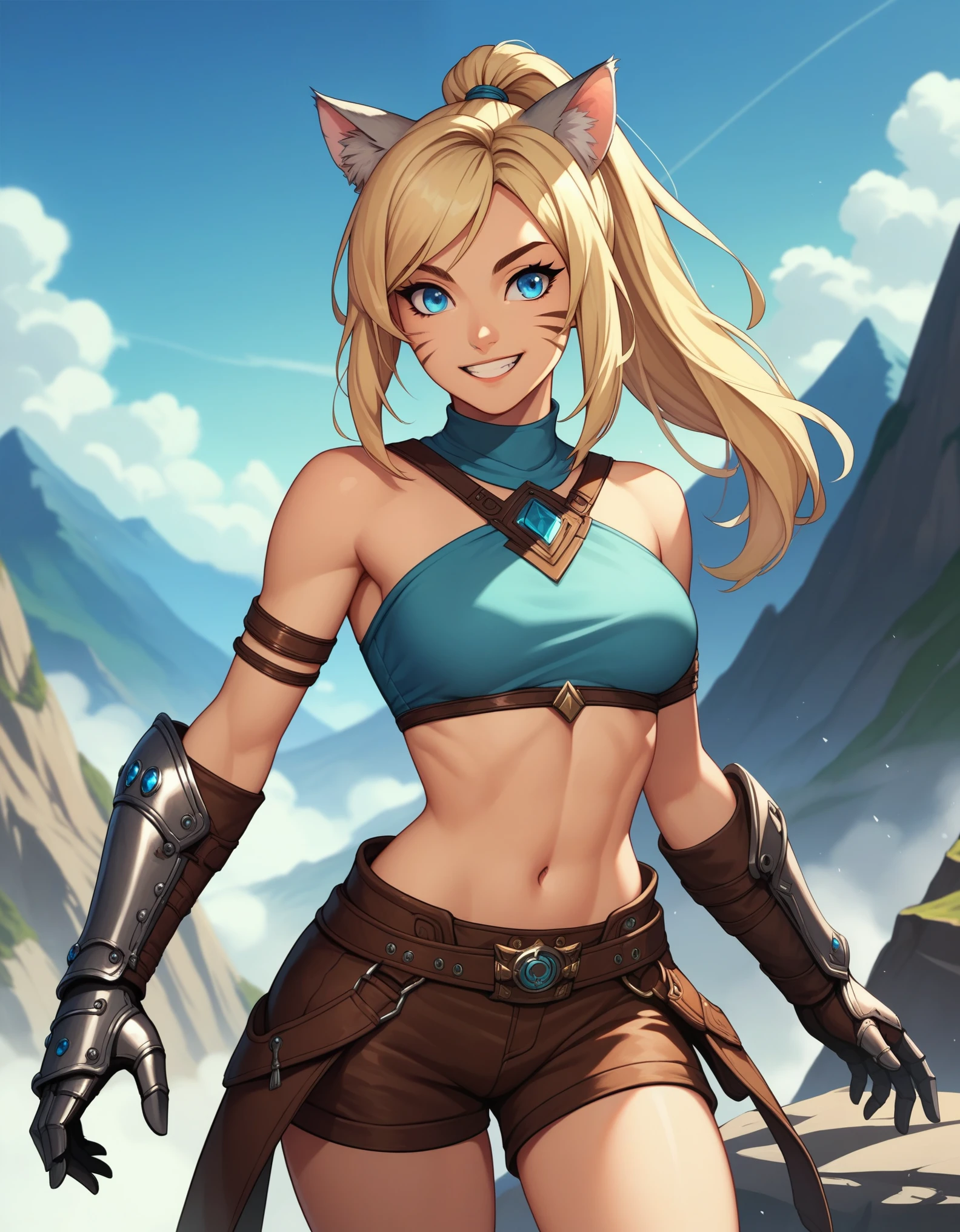 Solo, score_9,score_8_up,score_7_up, score_6_up, score_5_up,source_anime, human, Kat, blue eyes, black whisker marks on face, grey cat ears, blonde hair, hair in ponytail, wearing blue bandeau, brown shorts, leather gauntlets, adventuring gear, leather boots, big smile, mouth open, on a mountain pass trail, standing, epic pose, on a mountain 