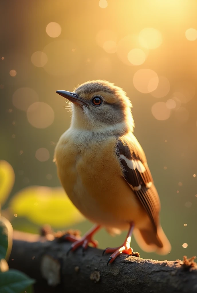 A mesmerizing close-up portrait of a gorgeous little bird illuminated by the soft, golden light of a tranquil morning, with vibrant bokeh balls gently framing its delicate form.