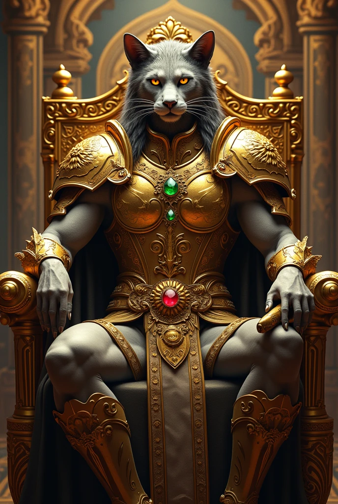 A half human, half feline being, king of all thieves, dressed in golden armor with precious stones sitting on his throne