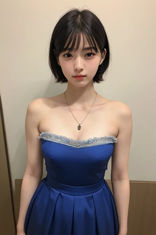 (masterpiece),(Highest quality:1.1),(Very detailed), In detail, slim,(Very delicate and beautiful face), (short eyelashes), 、Japanese women、very cute, dress、(short hair, Messy Hair), Mid-chest, The corners of the mouth are slightly turned up, Browsing Caution, (Embarrassing)、Thin Necklace, (View your viewers), Shooting from above