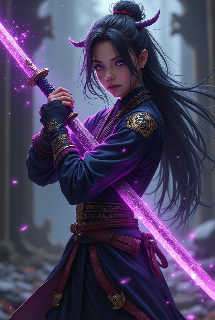 Girl with long hair and butterfly cut, Demon hunter uniform and a purple and glittery katana