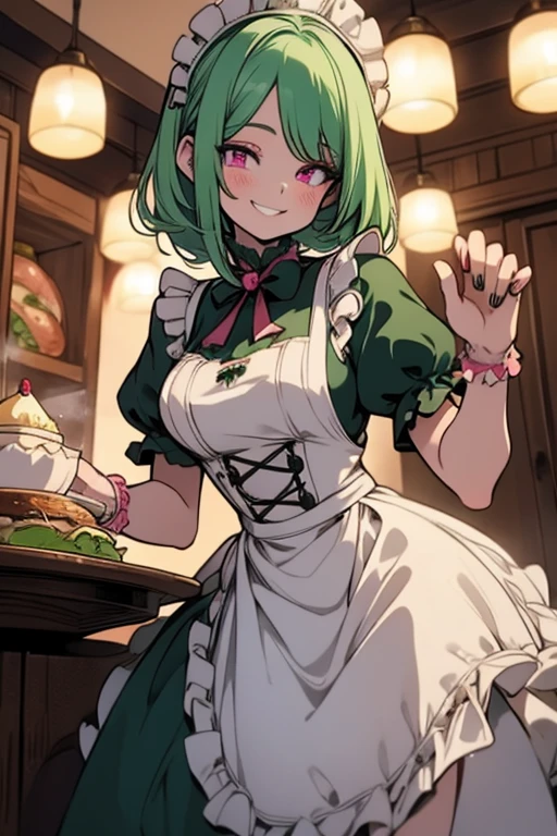 Perfect face. Perfect hands. A light green haired woman with pink eyes with an hourglass figure in a Lolita maid dress is smiling while serving dinner  in a fancy maid cafe