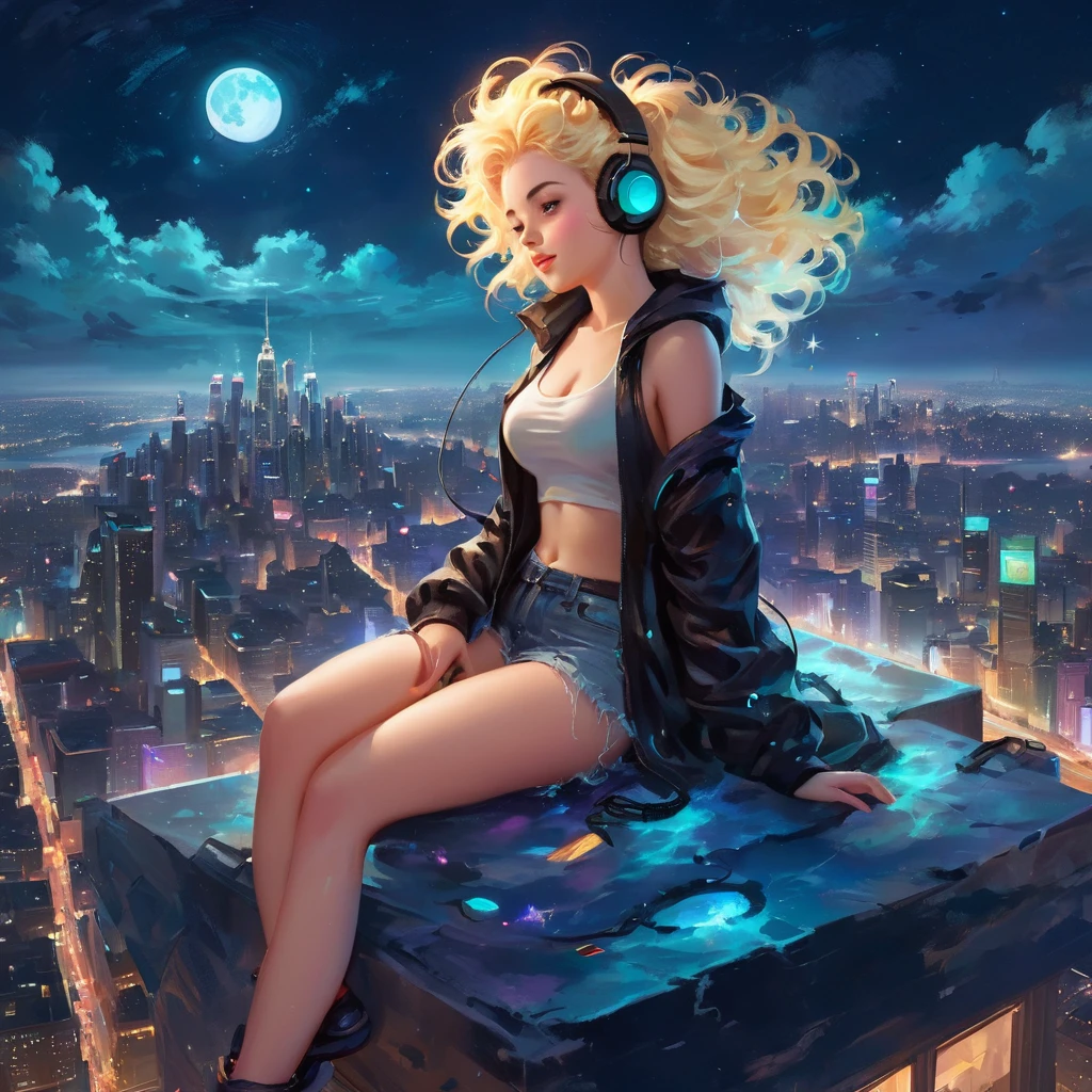 a beautiful 20 year old blonde woman with big messy hair laying down on a cloud in the sky floating over a cityscape at night, wearing headphones, looking down at the city, twinkling stars and glowing moon, fantasy art style, full body, rossdraws cartoon vibrant, cyberpunk, cute detailed digital art, colorfull digital fantasy art, digital fantasy art ), glossy digital painting, rossdraws pastel vibrant, rossdraws 2. 5, rossdraws 1. 0