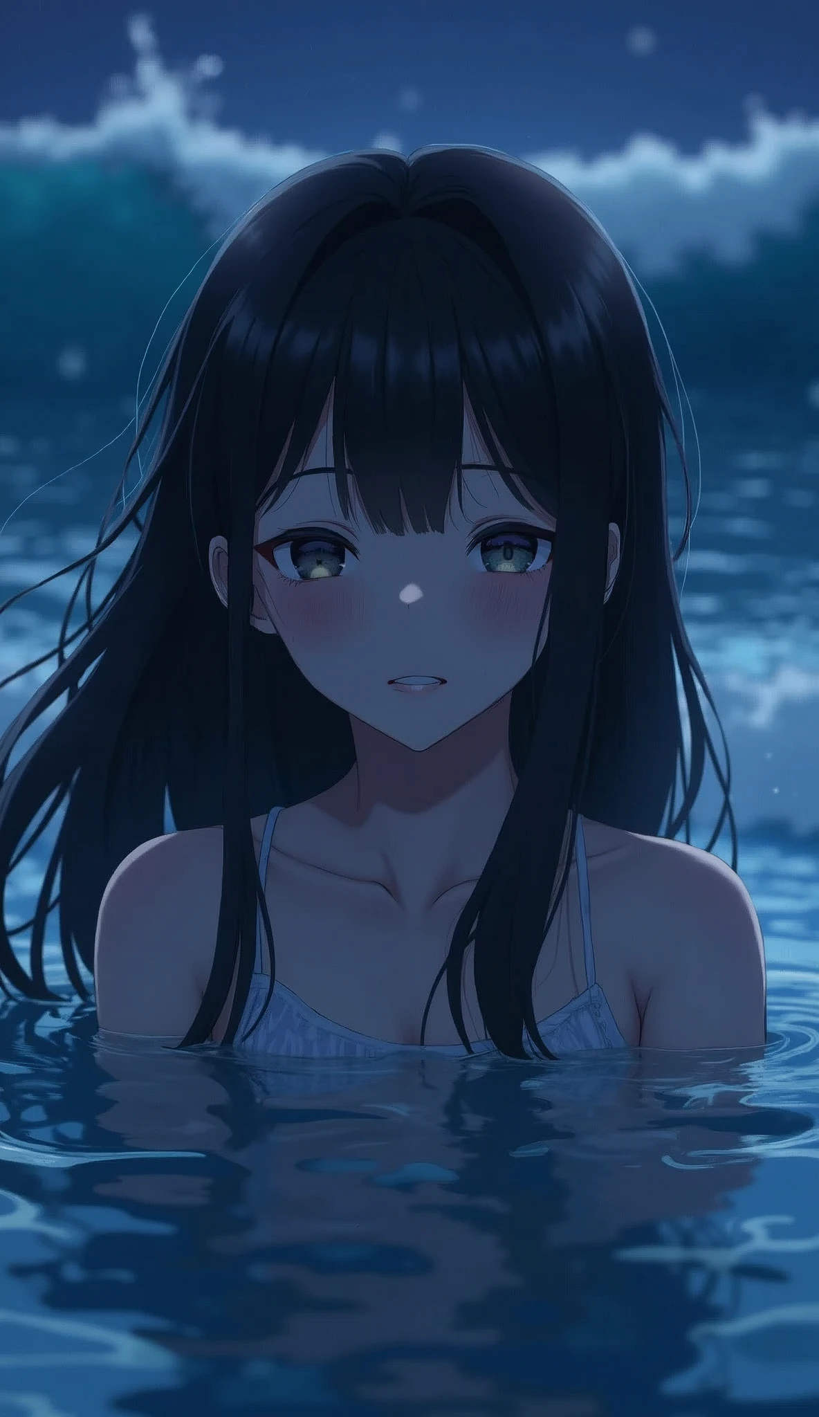 One beautiful girl,Highest quality,masterpiece,detailed,night,One beautiful girl,Shadows reflected on the water,The sound of rolling waves,In a place where time has been forgotten,Quietly close your eyes,Close up of face,Face forward,Anime Images,