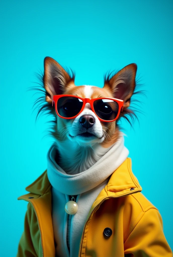 The best cell phone wallpaper, Award-Winning Wallpaper, portrait photography, In the front view is a portrait of a cute dog wearing mid-1960s space age fashion, Side view photo, Shot with Canon EOS R5, Set a strong contrast that accentuates the subject, Fluorescent blue tone, Wearing a very modern coat and sunglasses is a modern 1960s style, Clothes all in one color, beautiful background