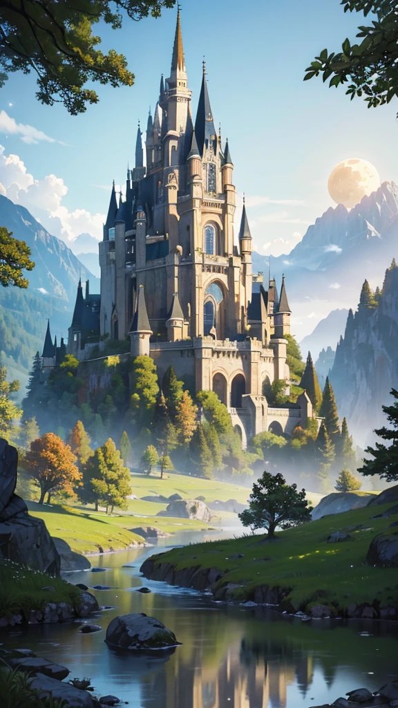 Landscape, 8k potrait of beautiful house in orange grass fields, wonderful environment, mystical, fairy tale place, beautiful render of a fairytale, atmospheric fantasy setting, fairytale forest, magical castle, fantasy setting, hoomie house). wonderful, magical forest in the background, impressive fantasy landscape, enchanted magical fantasy forest, magical fantasy forest, intricate, elegant, point of interest photography, perfect natural lighting (masterpiece, sidelighting, finely detailed beautiful lanscape), realistic mountain, realistic sky, beautiful sky, medium ray of light, rule of third photography, point of interest photography, perfect lanscape color tone, realistic leaf, falling leaf, realistic grass, realistic tree, sureal photography, cave, realistic moss, realistic water, water reflection, dramatic shadow, nature rope, tree rope, realistic rock stone, Fog, Foggy, saturation glow light, repainting the moon, lots of stars