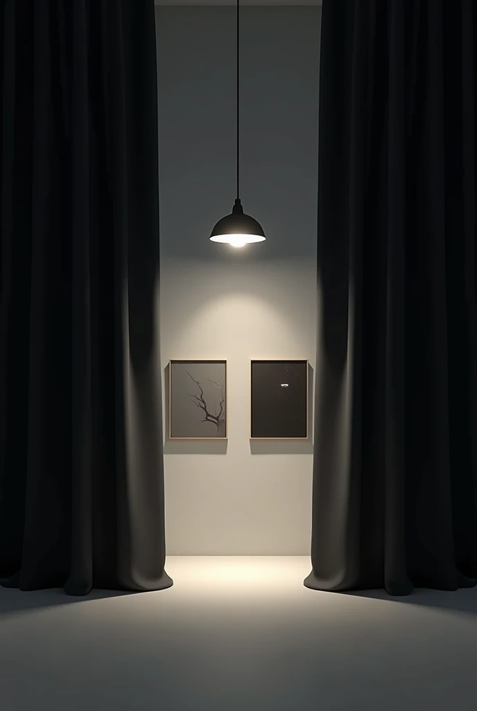 Show me a gray studio with black curtains and a light bulb hanging and two paintings on the wall.