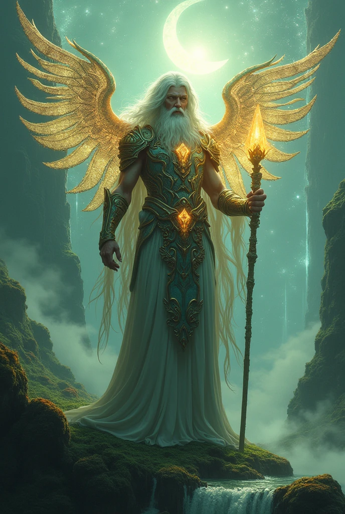 (Guardian of the Enchanted Isles:1.4), (fantasy art style:1.4), (masterpiece:1.4, best quality), (photo realistic:1.4), majestic figure standing tall on a floating island, surrounded by swirling mist and ethereal light, wearing ancient, ornate armor with glowing runes, long flowing hair that dances with the wind, (piercing gaze:1.2), (deep, reflective eyes:1.2), holding a staff that emanates a soft, radiant light, wings made of shimmering crystals that catch the light of the distant sun, (vibrant and lush landscape:1.2), (floating islands with cascading waterfalls:1.2), (mystical flora and fauna:1.2), dynamic composition with strong contrasts, rich textures, dramatic lighting, (vivid greens:1.2), (deep blues:1.2), (golden accents:1.2), (complex background:1.2), high-quality and detailed, enchanting atmosphere, otherworldly beauty, captivating features, transcendent and unique, perfect image quality, powerful and serene presence
