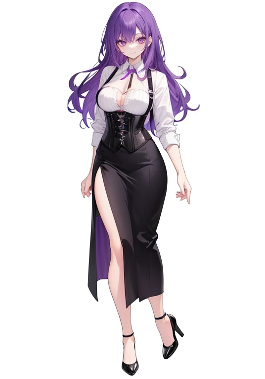 Purple hair,long hair,Adult female,Bartender,((Body harness)),((Rolling up your sleeves shirt)),Open chest tops,(Corset),(skirt),(slit),High heels,((Simple background)),Smile,((Full body)),((whole body)),Character Sheet,