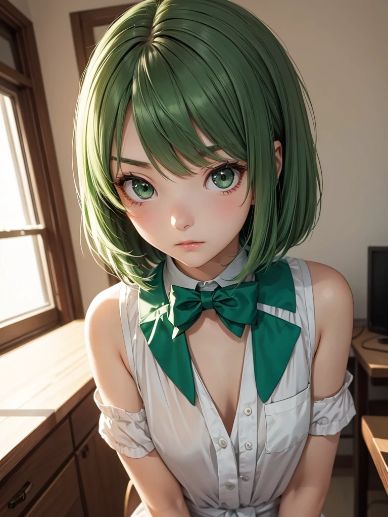 Make a 24 year old waifu loli student beautiful slender with surprised face in a detailed room and she is like waiting for the next class short green hair and hazel eyes sexy and pretty 