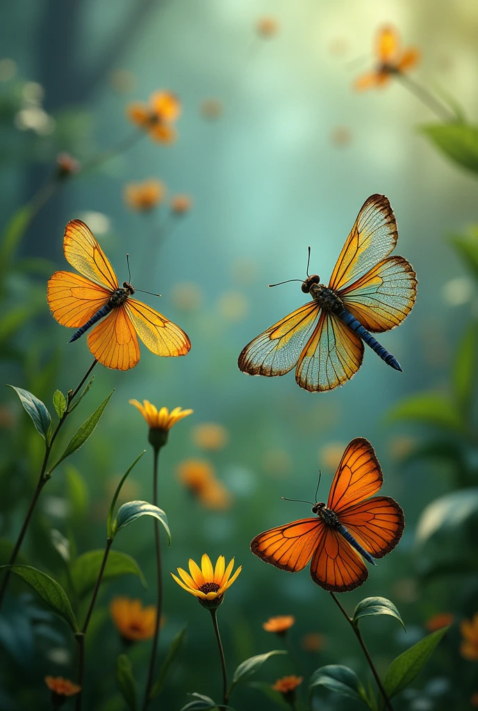 Dragonflies and butterflies in an ecosystem