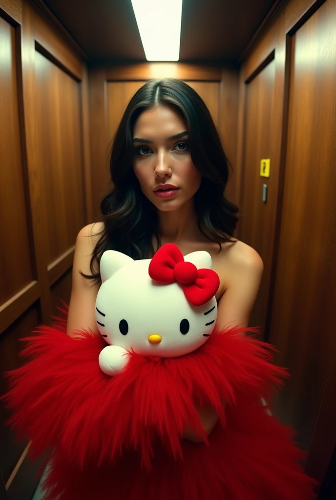 Bella hadid with dark brown hair, fancy red dress holding a cute hello kitty on her chest in a rustic elevator big woody and beautiful photo taken with a round fisheye lens from far away