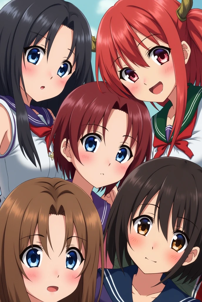 5 girls, a black-haired Japanese girl, a red-haired European, a brunette African American and a brown-haired French woman