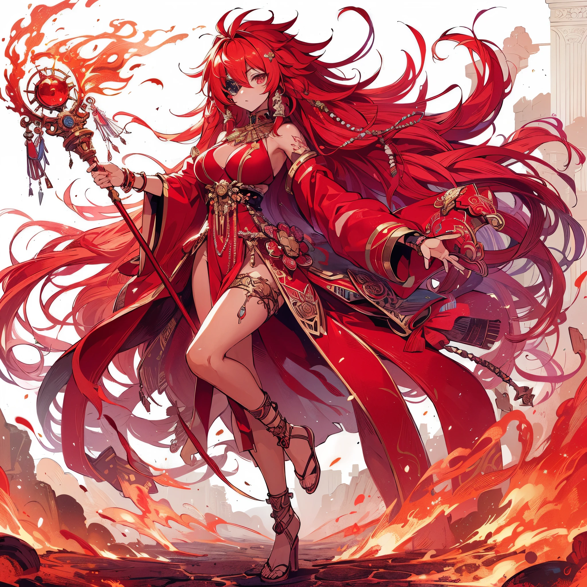 (masterpiece, Best Quality), (detailed hairs), Ultra-detailed, Anime like illustration style, Full body, Solo, Cyberpunk sorcerer girl, lion-like red mane hairstyle and eye-patch, red skin color, held magic quarter staff, Egyptiac wrestler costume and accessory, red robe fluttering in the wind, wearing sandal, supernatural aura, magic flame and lightning, ultra-massive, tall and stylish, Muscular, White background, standing full length, standing on burned earth,　
