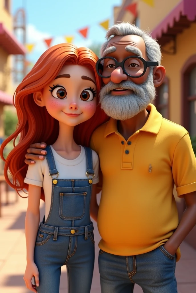 3D Cartoon Woman Character, disney pixar style, eyes browns, long red hair long, freckles on nose and cheeks, wearing long denim overalls and a white t-shirt. Next to Man without a beard, black elderly man, hair grey, wearing jeans and a yellow polo shirt and prescription glasses.