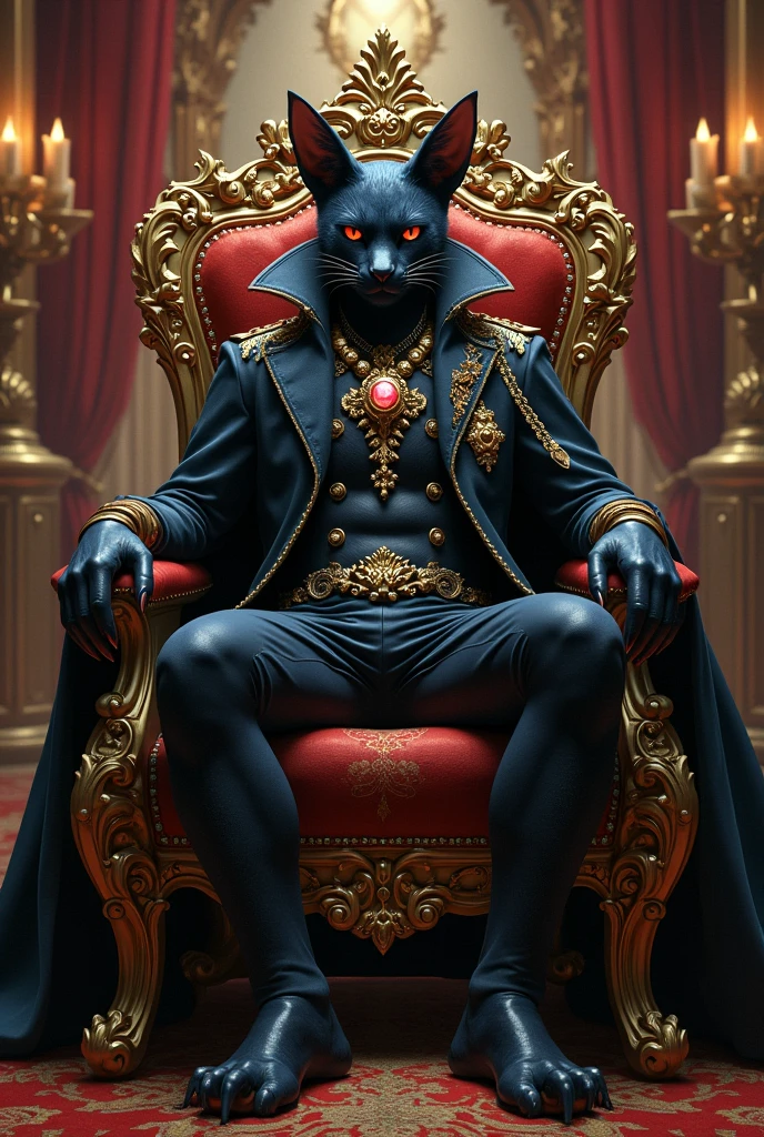 A half human, half feline being, king of all thieves, with precious stones sitting on his throne