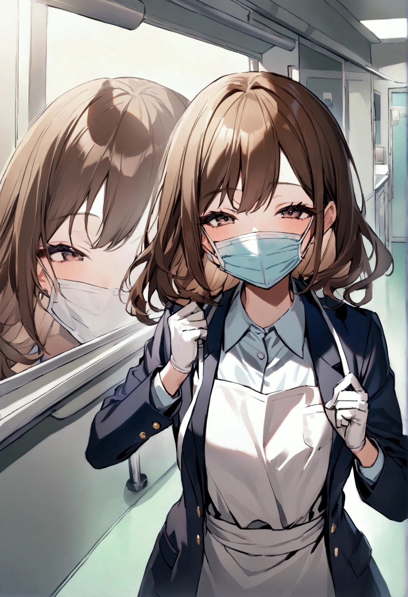 Infirmary room Background, bloody, school blazer, school uniform, surgical apron, medical gloves, surgical mask, 1girl, smiles, brown hair, shining hair,