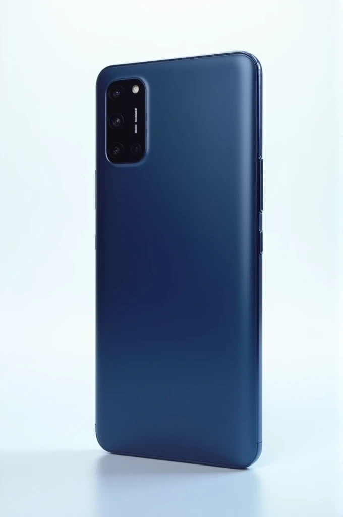 A navy blue cellphone with a vertical camera in the same format you mentioned, standing upright in a vertical position against a plain white background.