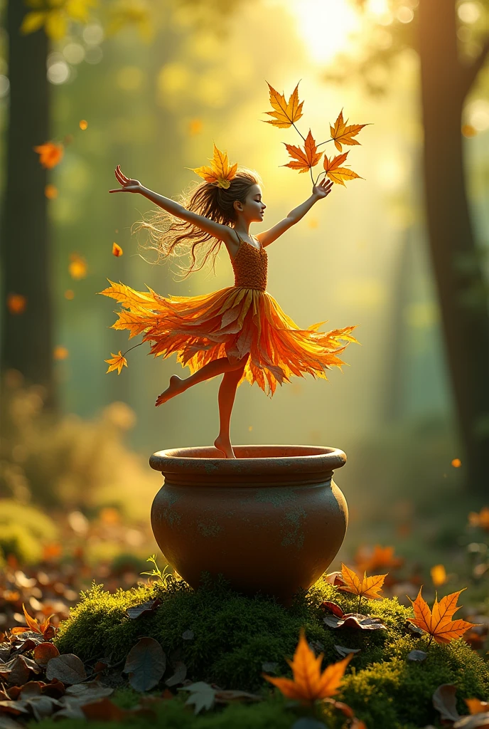 A whimsical miniature figure composed
of delicately arranged autumn leaves,
poised in a carefree dance on the rim of
a weathered, moss-covered terracotta
pot, set against a lush, vibrant forest
backdrop, where dappled sunlight filters
through the canopy above, casting
intricate shadows, The overall aesthetics
with warm. earthy number,