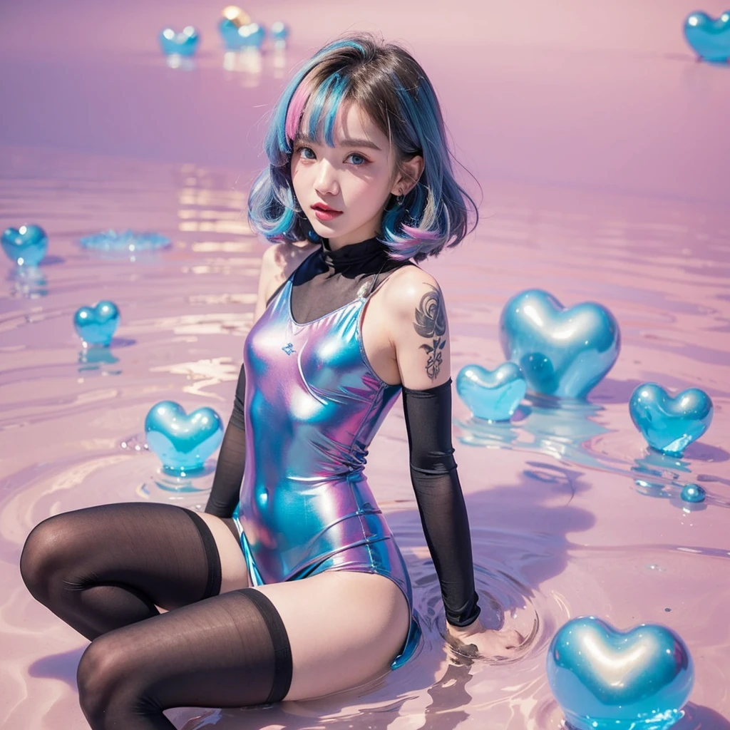 Dress in gold tuxdeo. His dark hair. He holds her above the water. Her long blonde hair shimmers and swirls. Her Blue eyes open. She wears a pink mix blue, gold, white pisatin dress.