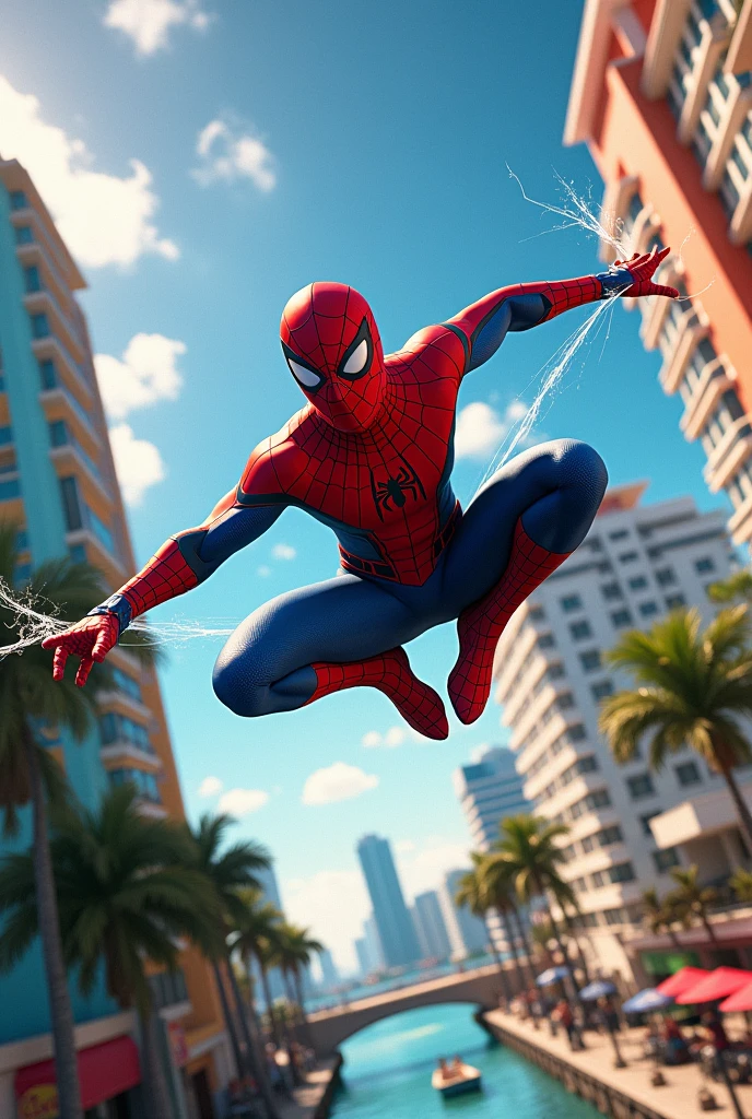 Spiderman flying over Miami 