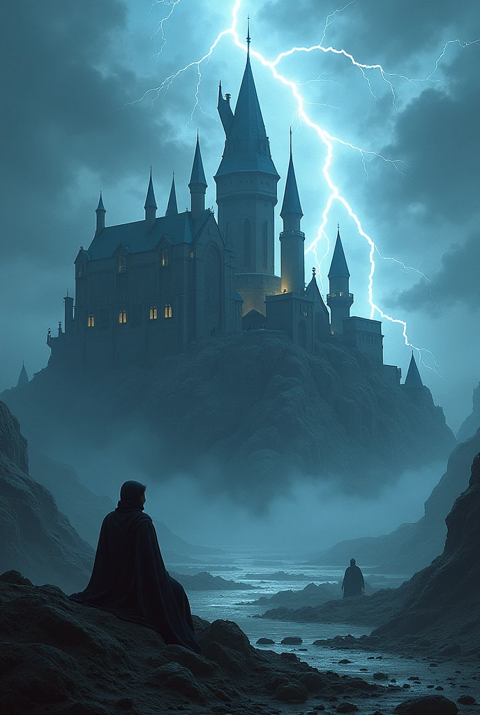 A castle being disintegrated by lightning and a man in the distance sitting just watching without reacting