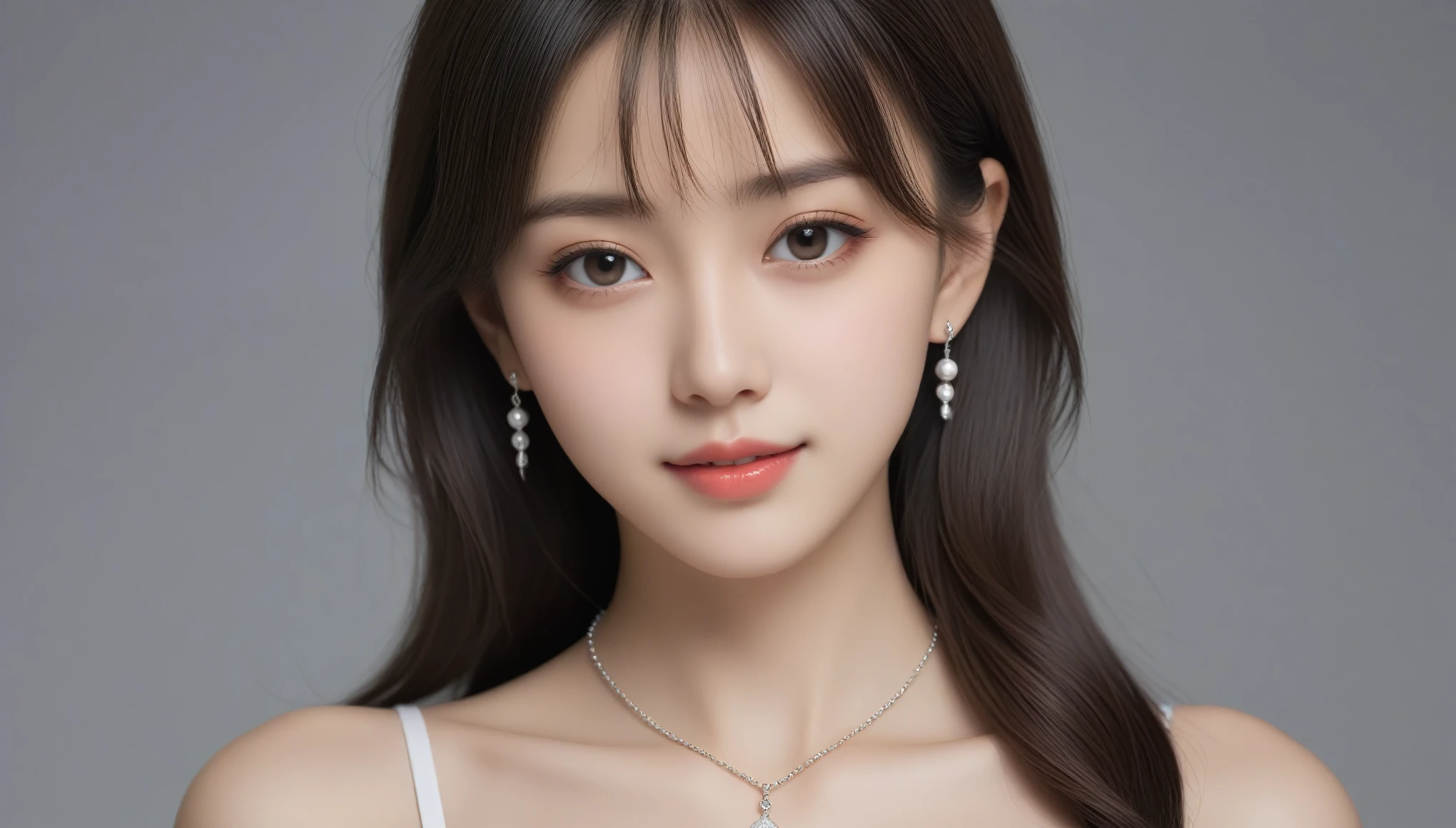 8k, Ultra-high resolution, Highest quality, masterpiece, 三分割法によるphotograph,Surreal, photograph, 1 Girl, (16 years old:1.3), pretty girl, Cute Face, 細部までBeautiful Eyes, 細かくdetailedに,masterpiece,One Girl:1.2,Japanese female announcer,close up,light smile,Black Hair,Curtain bangs,Super Beautiful Girl 4,((1 girl:1.4)),Shine, Natural skin texture、(Stylish clothes:1.4),(The highest rank of ceremonial attire),Attractive girl、16 years old、(Perfect female body:1.4)、(女の子のポートレートphotograph:1.4)、(Photorealistic images:1.4),Fantasy art,(Beautiful Face:1.4)、Beautiful breasts,Beautiful and attractive eyes、Beautiful Eyes、(Tight waist:1.4)、(Beautiful girl with perfect body proportions:1.4),Red lips,(choker:1.4、necklace:1.4、Earrings:1.4),Looking at the audience,(((Ideal body type))),A-cup small breasts :2,、Portraiture:2、Perfect Anatomy、鮮明なdetailed、detailed,Fashion magazine cover,Thin lips,Gray background ,完璧でBeautiful Face ,完璧でCute Face, Skin with attention to detail, Perfect limbs、Narrow waist,Looking at the audience,(((Ideal body type))),A cup small breasts :2,Portraiture:2,Perfect Anatomy,鮮明なdetailed,detailed,Surreal,Light and shadow,spotlight
