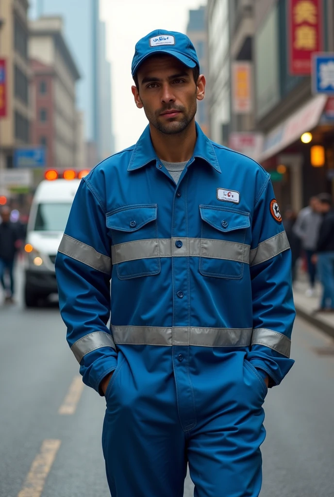 Jorel's brother in blue street cleaner's outfit.