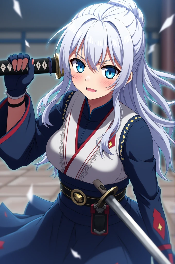 Screenshot kimetsu no Yaiba girl white hair tied with blue eyes wearing Mitsuri uniform with big tits holding her katana angry