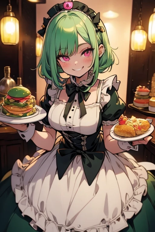 Perfect face. Perfect hands. A light green haired woman with pink eyes with an hourglass figure in a Lolita maid dress is smiling while serving dinner in a fancy maid cafe
