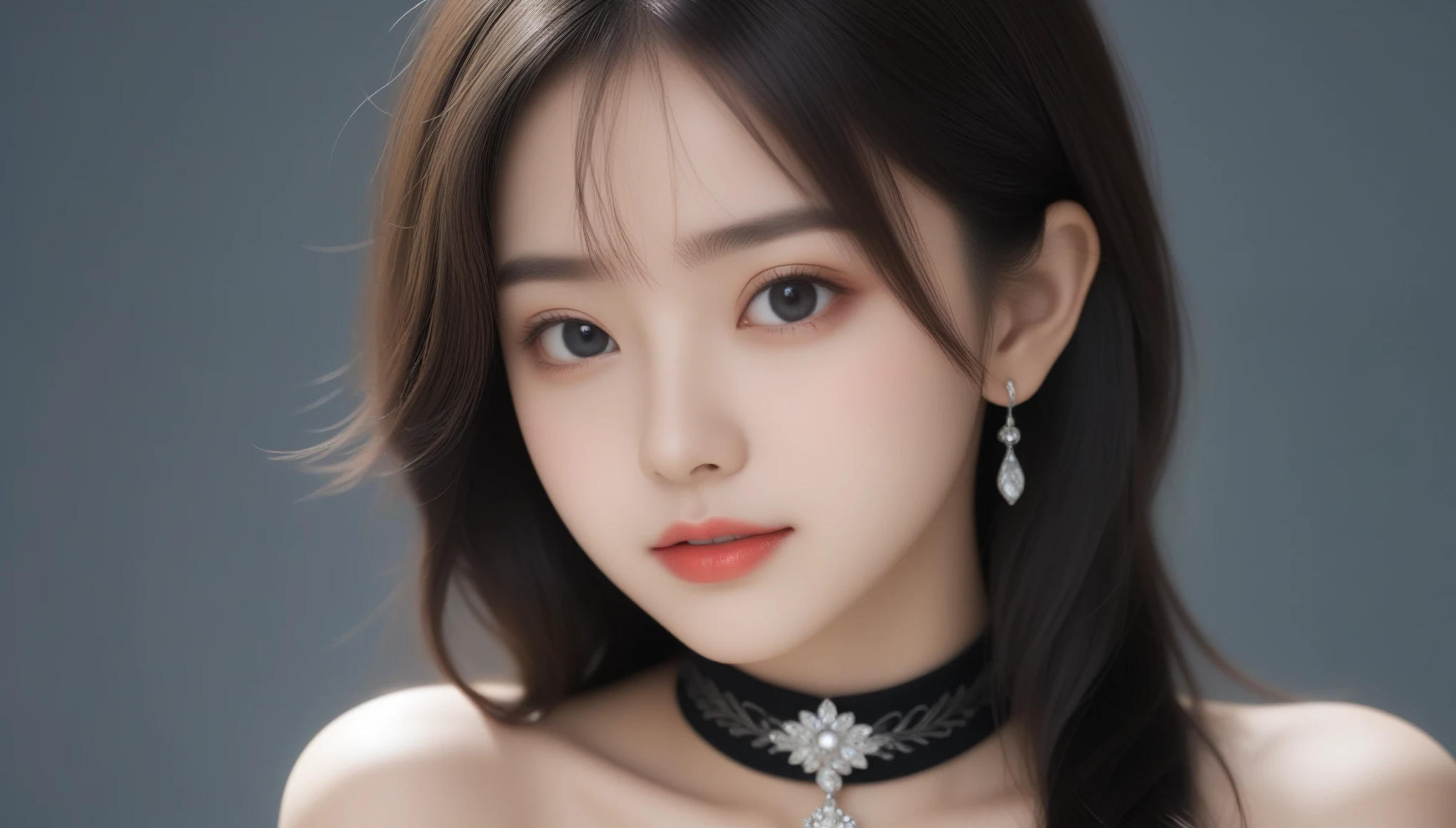 8k, Ultra-high resolution, Highest quality, masterpiece, 三分割法によるphotograph,Surreal, photograph, 1 Girl, (:1.3), pretty girl, Cute Face, 細部までBeautiful Eyes, 細かくdetailedに,masterpiece,One Girl:1.2,Japanese female announcer,close up,light smile,Black Hair,Curtain bangs,Super Beautiful Girl 4,((1 girl:1.4)),Shine, Natural skin texture、(Stylish clothes:1.4),(The highest rank of ceremonial attire),Attractive girl、16 years oldmale body:1.4)、(女の子のポートレートphotograph:1.4Photorealistic images:1.4),Fantasy art,(Beautiful Face:1.4)、Beautiful breasts,Beautiful and attractive eyes、Beautiful Eyes、(Tight waist:1.4)、(Beautiful girl with perfect body proportions:1.4),Red lips,(choker:1.4、necklace:1.4、Earrings:1.4),Looking at the audience,(((Ideal body type))),A-cup small breasts :2,、Portraiture:2、Perfect Anatomy、鮮明なdetailed、detailed,Fashion magazine cover,Thin lips,Gray background ,完璧でBeautiful Face ,完璧でCute Face, Skin with attention to detail, Perfect limbs、Narrow waist,Looking at the audience,(((Ideal body type))),A cup small breasts :2,Portraiture:2,Perfect Anatomy,鮮明なdetailed,detailed,Surreal,Light and shadow,spotlight