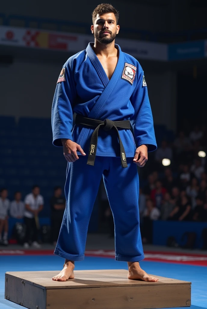 a fighter in a blue kimono, with a defined body on the podium of a competition 