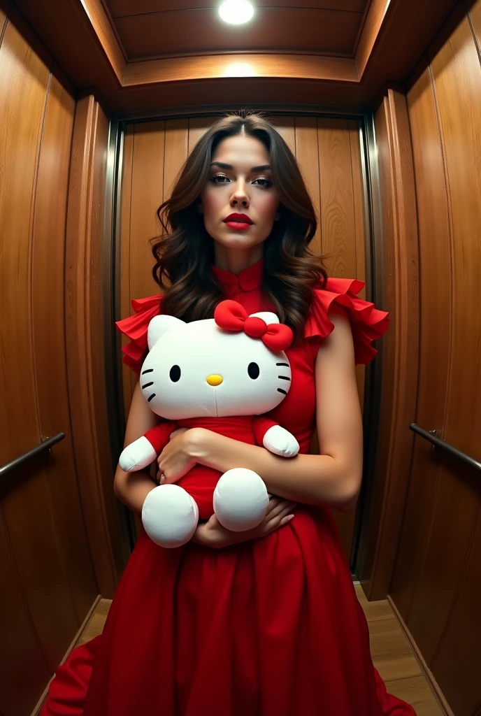 Bella hadid with dark brown hair, fancy red dress holding a hello kitty on her chest cute in a rustic elevator big woody and beautiful photo taken with a round fisheye lens