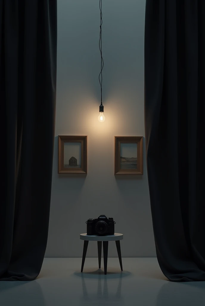 Show me a gray studio with black curtains and a light bulb hanging and two paintings on the wall with camera.

