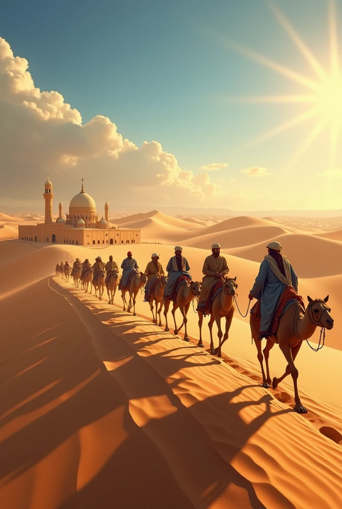 The Hijra to Medina:
"A caravan of early Muslim followers, led by the Prophet Muhammad, travels through the vast Arabian desert under the scorching sun. The group, weary yet determined, approaches the gates of Medina, where they are warmly welcomed by the city’s inhabitants, signifying the beginning of the Muslim community."