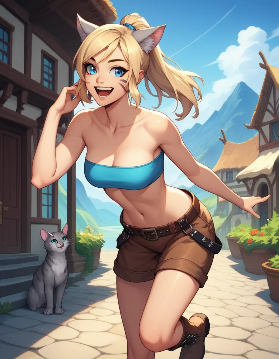 Solo, score_9,score_8_up,score_7_up, score_6_up, score_5_up,source_anime, human, Kat, blue eyes, black whisker marks on face, grey cat ears, blonde hair, hair in ponytail, wearing blue bandeau, brown shorts, adventuring gear, leather boots, laughing, big smile, mouth open, on a mountain pass trail, standing, in a village, hands to her face