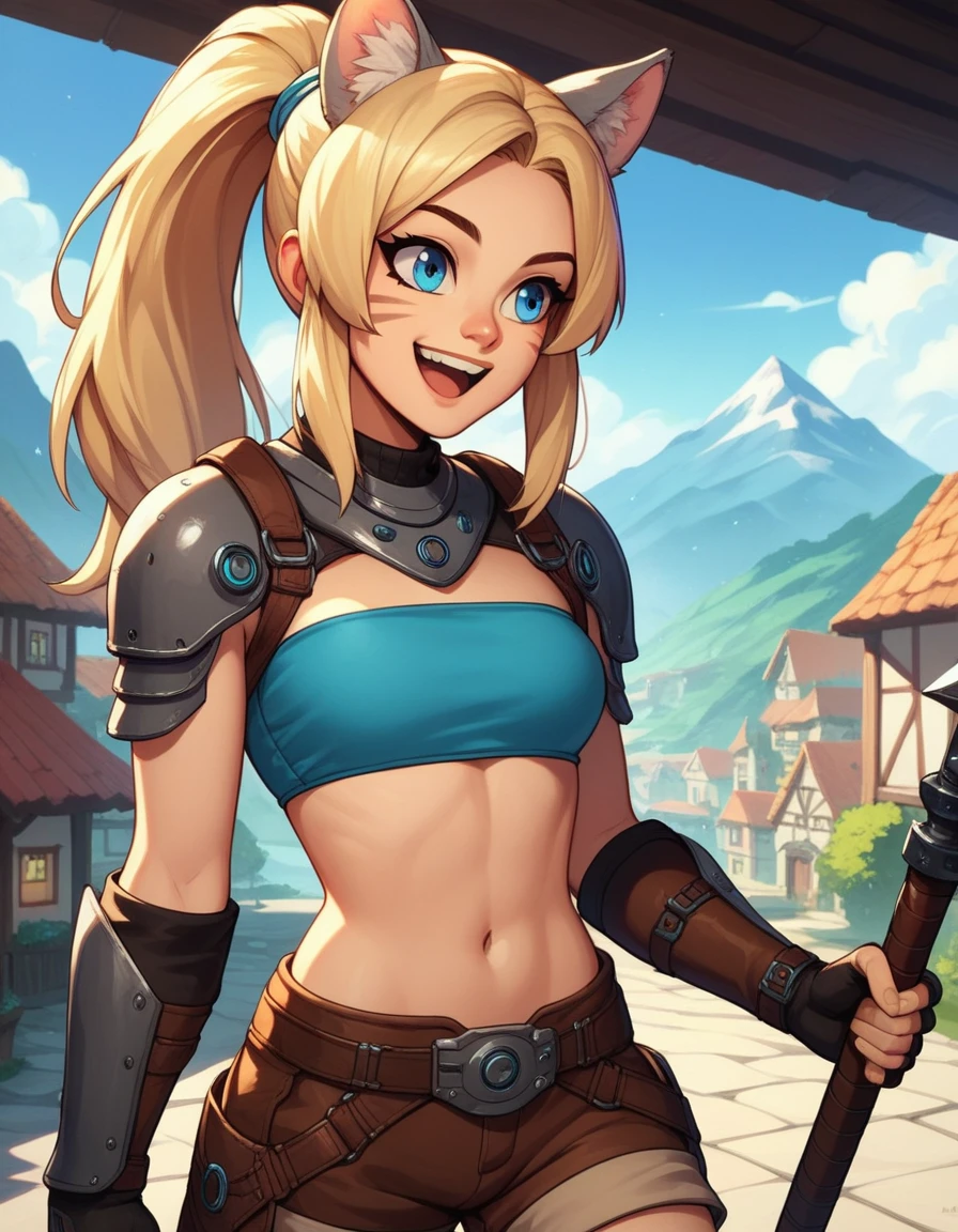 Solo, score_9,score_8_up,score_7_up, score_6_up, score_5_up,source_anime, human, Kat, blue eyes, black whisker marks on face, grey cat ears, blonde hair, hair in ponytail, wearing blue bandeau, brown shorts, adventuring gear, leather boots, laughing, big smile, mouth open, on a mountain pass trail, standing, in a village, hands to her face