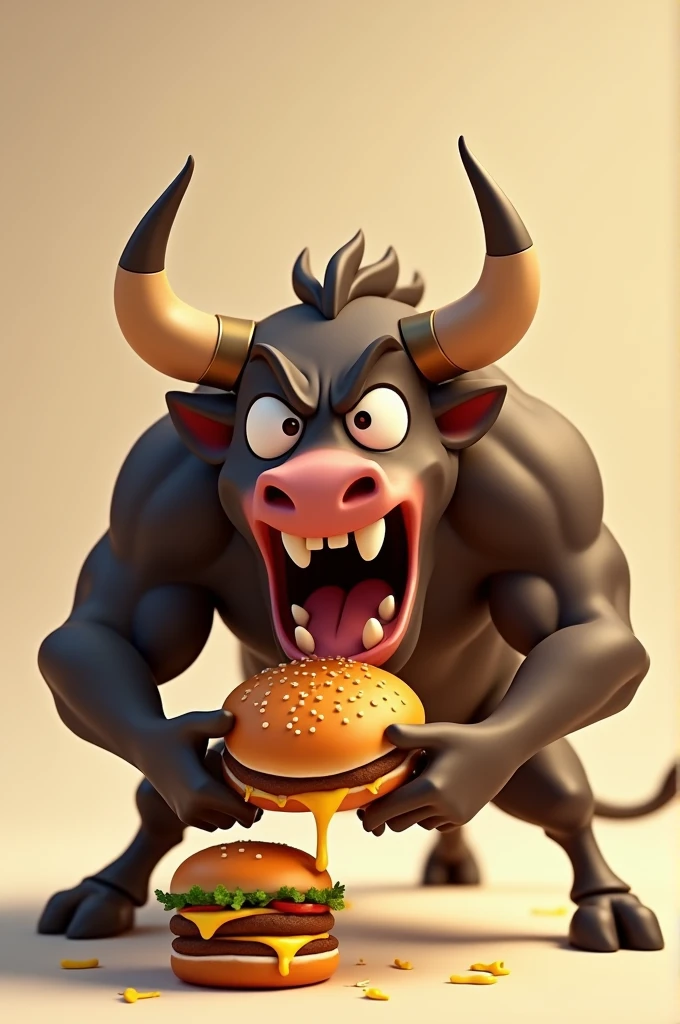Give me an animated bull biting a hamburger
