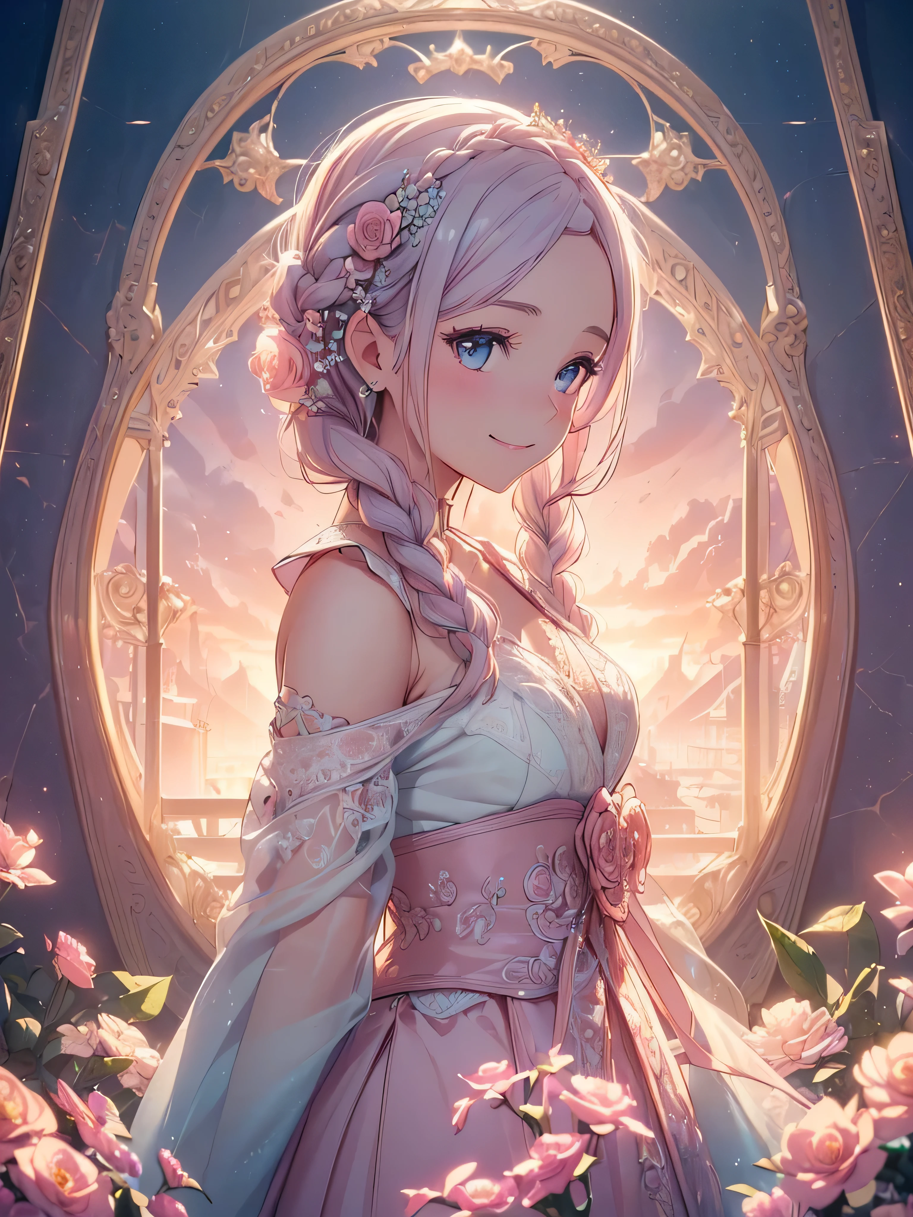 (((best quality, sharp image, clear image, cinematic lighting, 8k resolution, masterpiece, ultra detailed, intricate))) Girl, cute, intricate dress, braided hair, smiling,pastel pink, pastel blue, ((intricate background)), (flower frame), portal,sideview