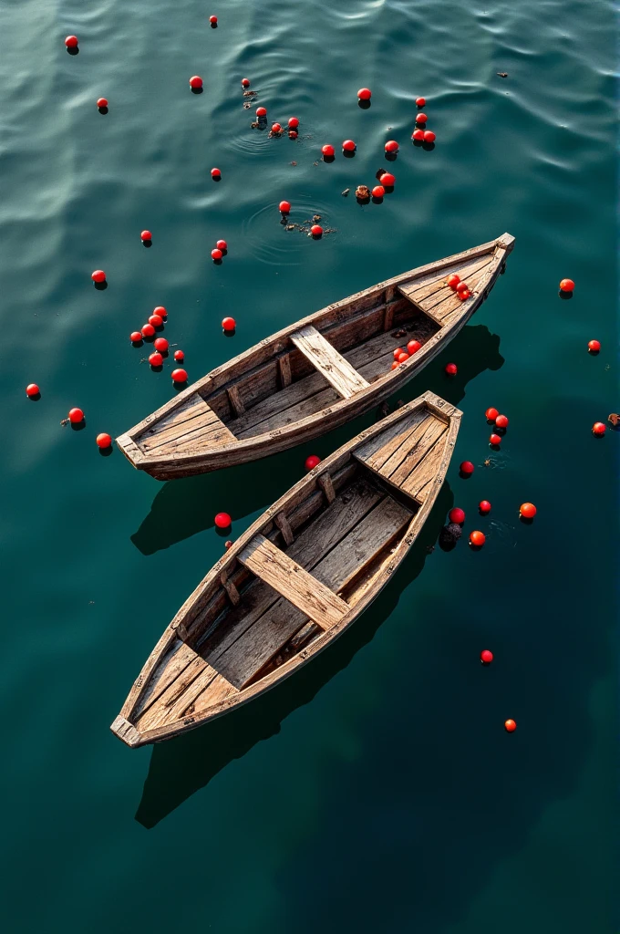 Empty Wooden Boats on Water , with red berries scattered in it, view from above