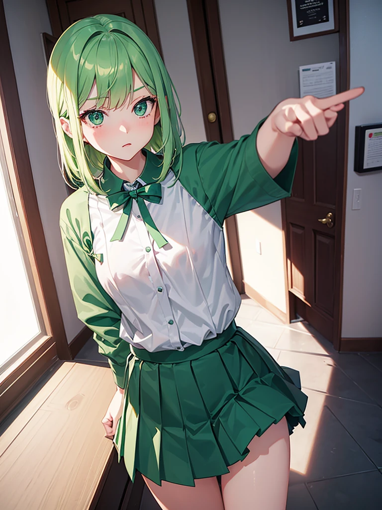 Make a 24 year old waifu loli student beautiful slender with surprised face in a detailed room and she is like waiting for the next class short green hair and hazel eyes sexy and pretty