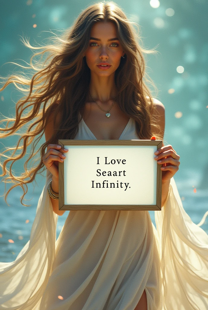 Beautiful girl with wavy long hair, bohemian dress, holding a white board with text "I Love Seaart Infinity" and showing it to the viewer