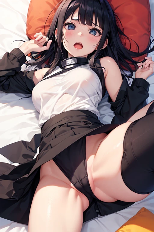 naruto、Hinata、Black Hair、Show your crotch、No underwear、White face redness、Open your legs、Open your mouth、One girl, Ladylike