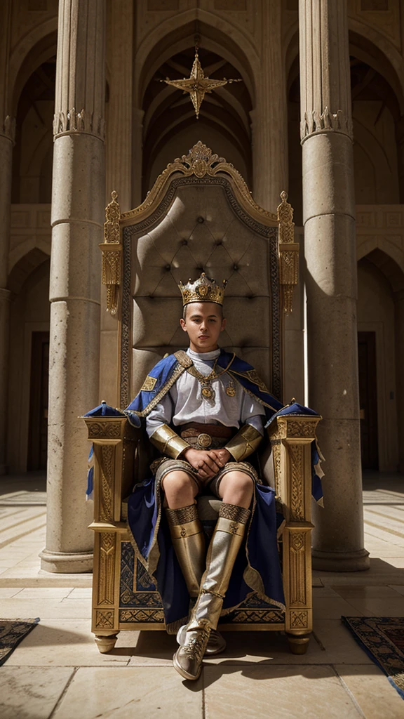 Representation of King Baldwin IV as a 13-year-old boy being crowned king, He is sitting on his throne inside a palace and there is a crowd among them warrior soldiers, medieval style, High resolution, Super detailed, dramatic light