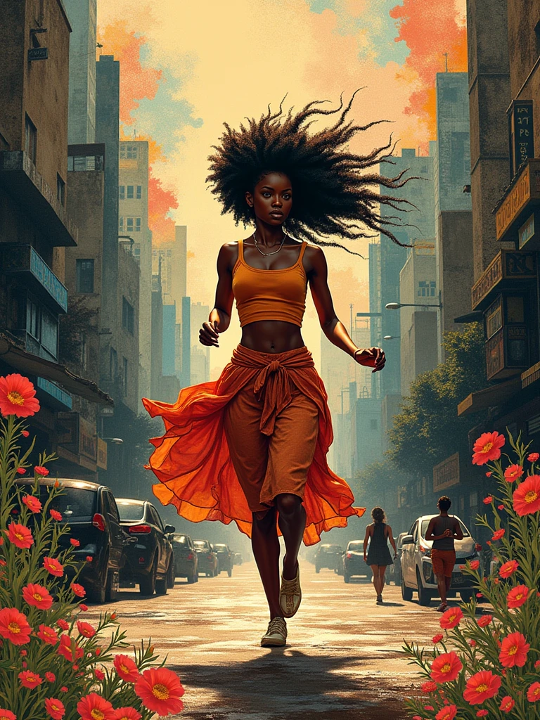 A surreal afro-american woman running in the streets of a bustling metropolis. The background features abstract shapes and lines, creating an atmosphere reminiscent of Indian art styles. This artwork includes various textures such as woodcut print texture, colored ink texture, oil painting texture, and paper-cut style. It also incorporates elements like flowers or patterns, adding to its artistic charm. The artwork is in the style of Indian art.