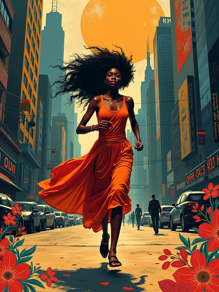 A surreal afro-american woman running in the streets of a bustling metropolis. The background features abstract shapes and lines, creating an atmosphere reminiscent of Indian art styles. This artwork includes various textures such as woodcut print texture, colored ink texture, oil painting texture, and paper-cut style. It also incorporates elements like flowers or patterns, adding to its artistic charm. The artwork is in the style of Indian art.